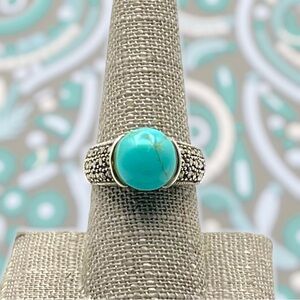 Gorgeous Sterling Silver Genuine Turquoise and Marcasites Cathedral Setting Ring